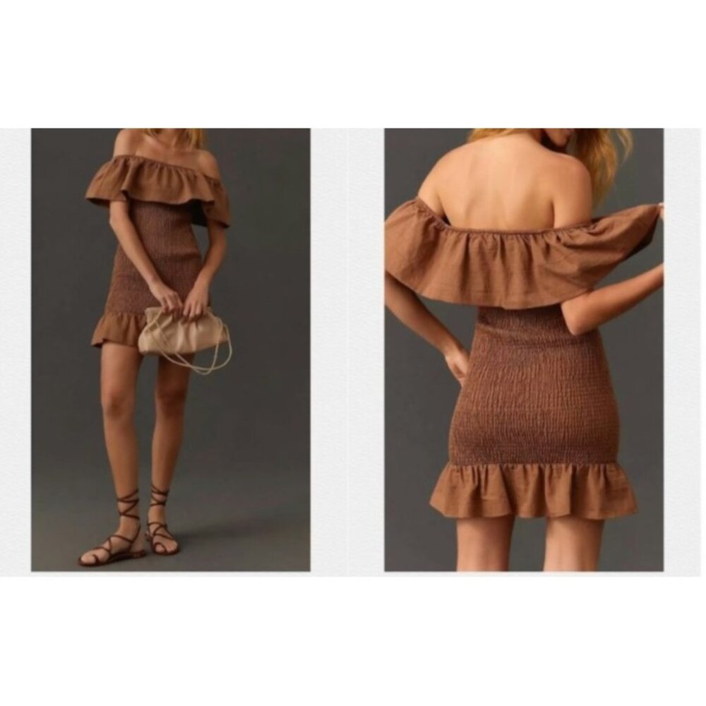 Anthropologie Women's Sz Small Smocked Off-Shoulder Midi Brown Dress Ruffle Hem